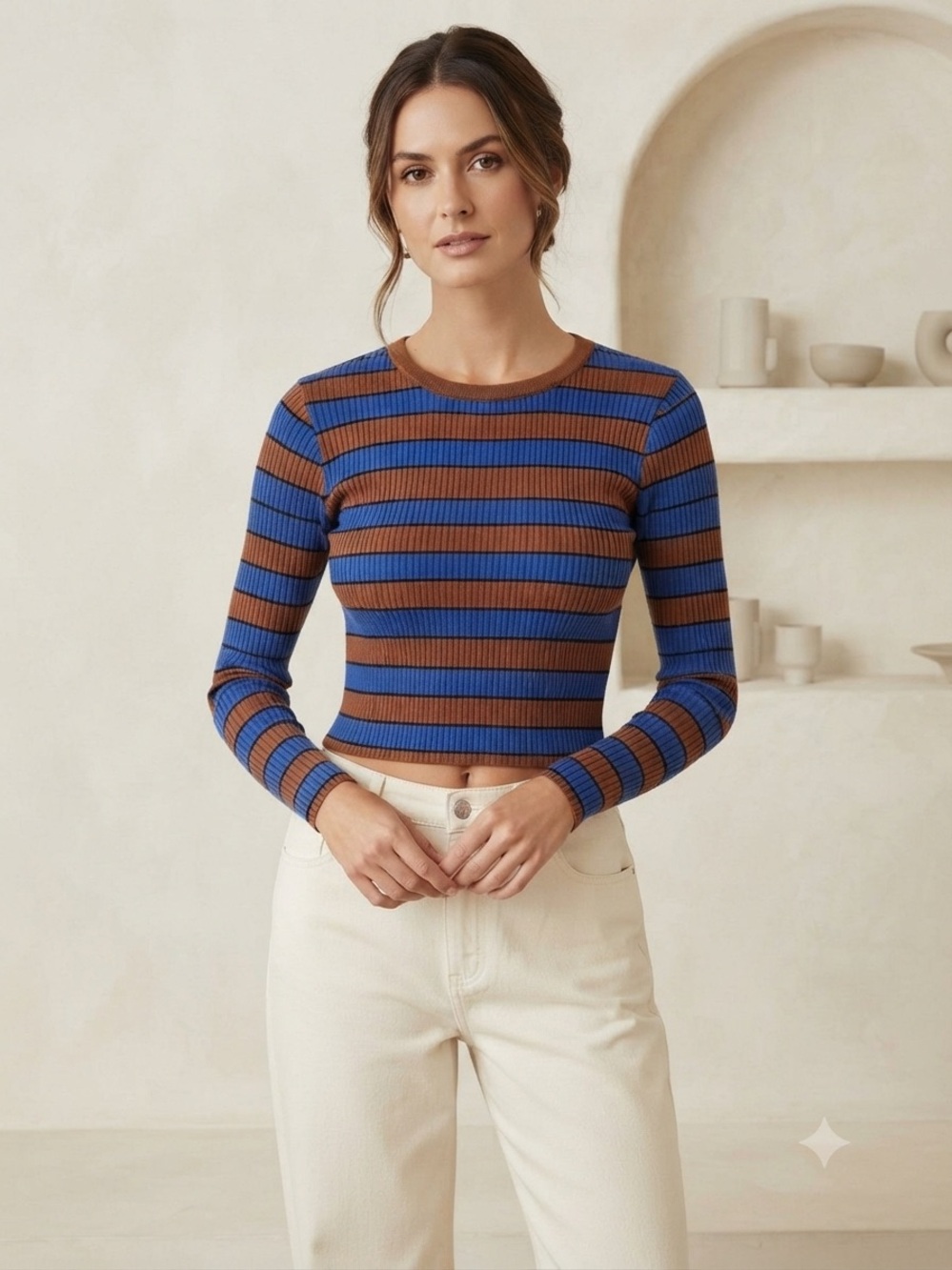 Forever 21 Blue and Brown Striped Ribbed Long-Sleeve Crop Top